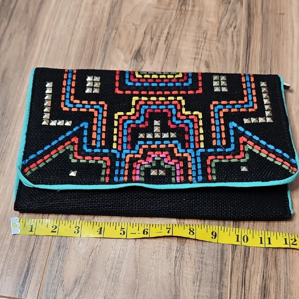 3AM Forever Women's Envelope Black Beaded Clutch with Multicolor Embroiderey